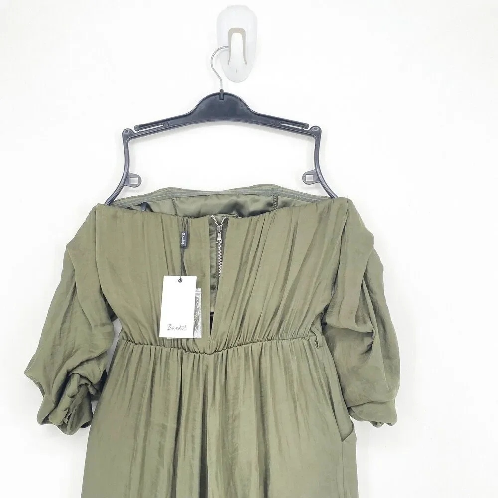 BARDOT Women 4 Caught Sleeve Romper Khaki Green Off Shoulder Playsuit Ruched NEW